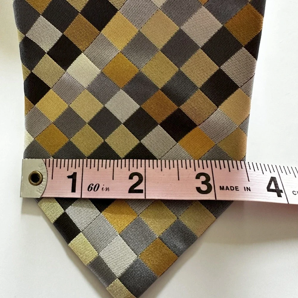Bugatti Men's‎ Necktie 100% Silk Geometric Checkered Pattern Gray Gold